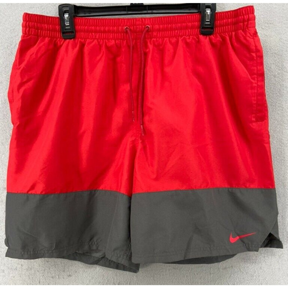 Nike‎ Swim Trunks Mens XL Red Gray Drawstring Mesh Lined Beach Board Pocket - Picture 1 of 13